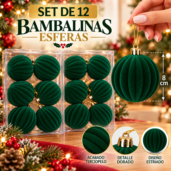 Bambalinas Navideñas Set 12 Esferas Terciopelo 8cm Adornos