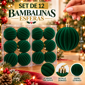 Bambalinas Navideñas Set 12 Esferas Terciopelo 8cm Adornos