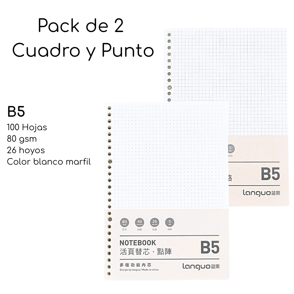 Pack De 2 Repuesto De Hojas Para Libreta Anillada B5 Mixto