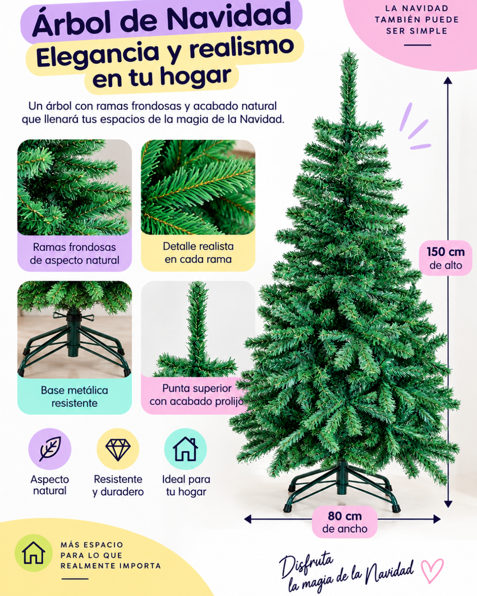 Árbol de Navidad Artificial 150 cm Ramas frondosas con Base Metálica