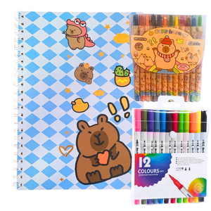 Croquera A4 Diseño Capybara + Set De Plumones Y Lápices Gel