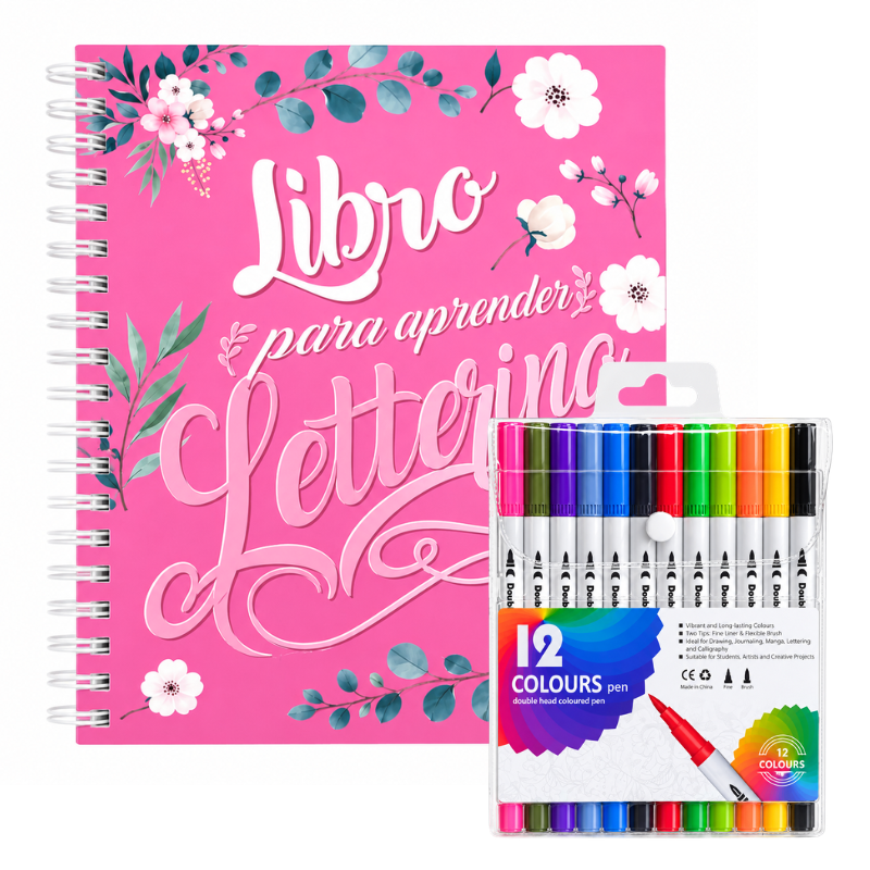 Set Lettering Libro 158 Páginas + 12 Plumones Doble Punta