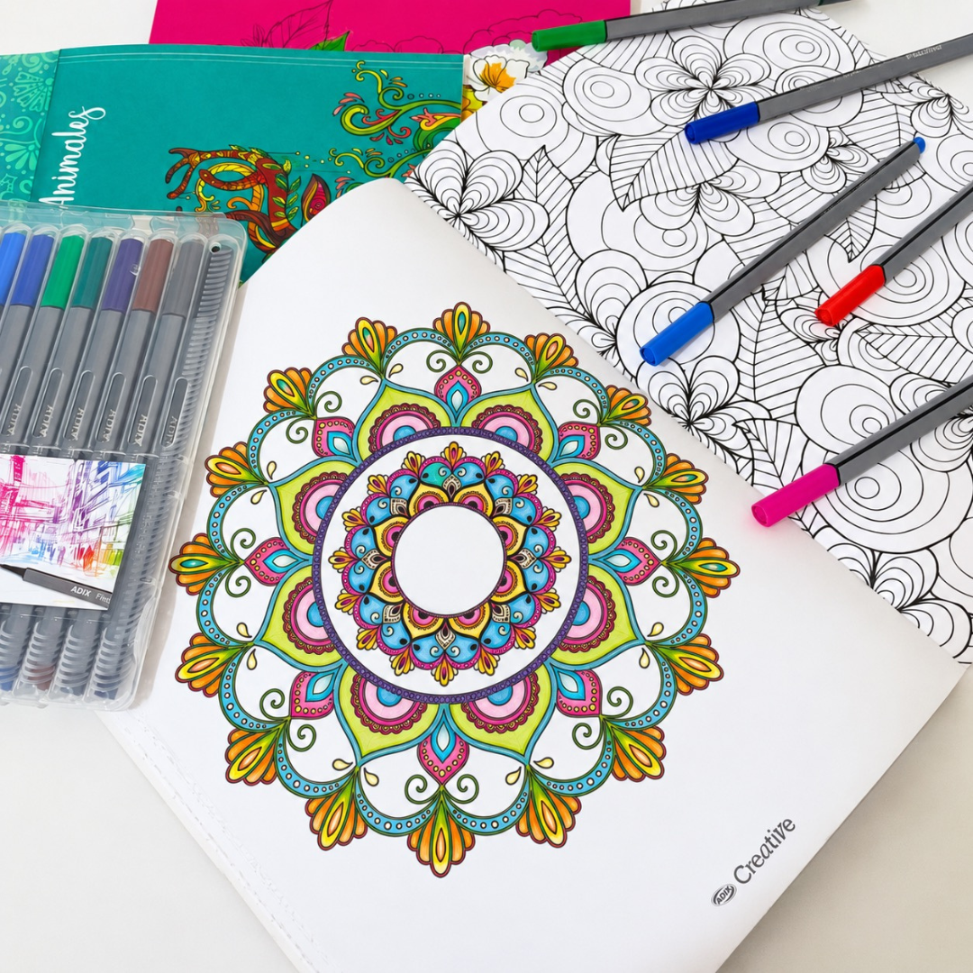 Libro De Mandalas + 12 Lápices Fineliner Adix 0.4 Mm Colores
