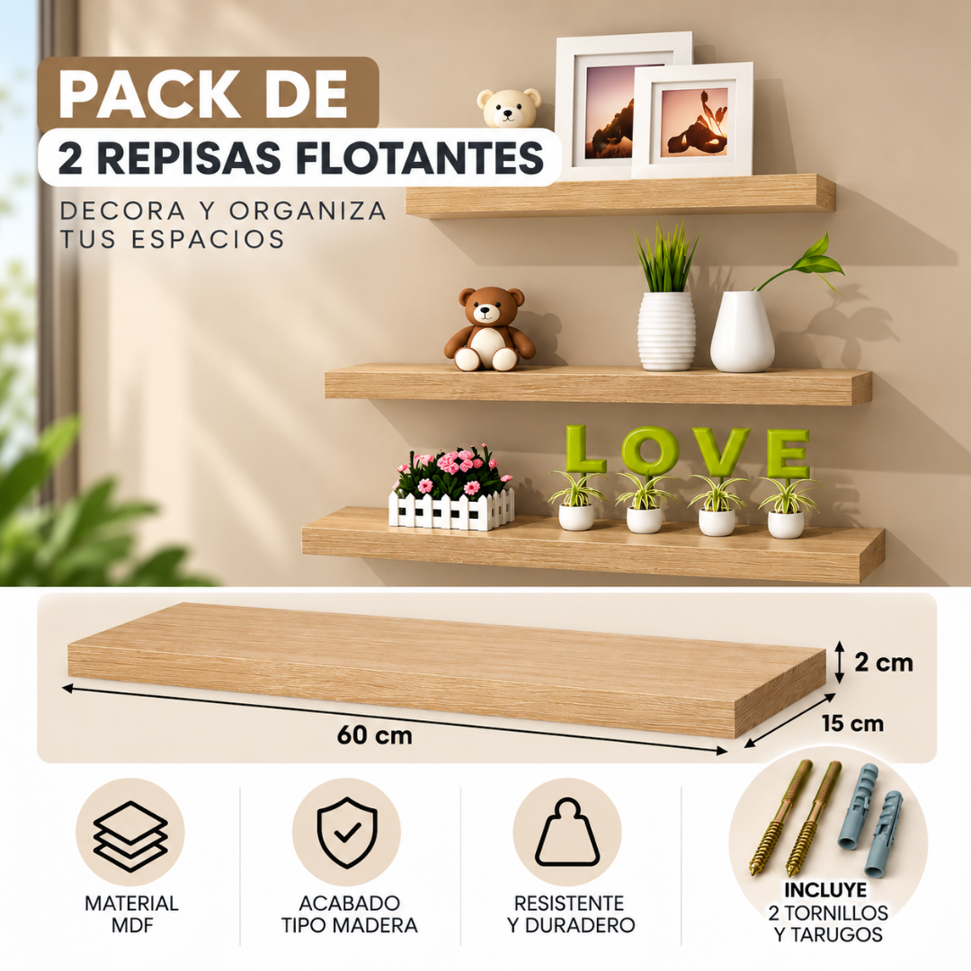 Repisas Flotantes De Pared MDF 60 Cm Abeto Set 2 Unidades