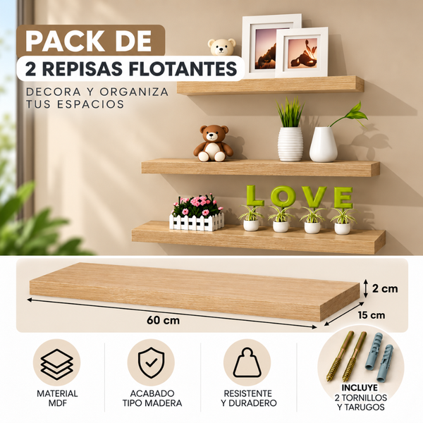 Repisas Flotantes De Pared MDF 60 Cm Abeto Set 2 Unidades