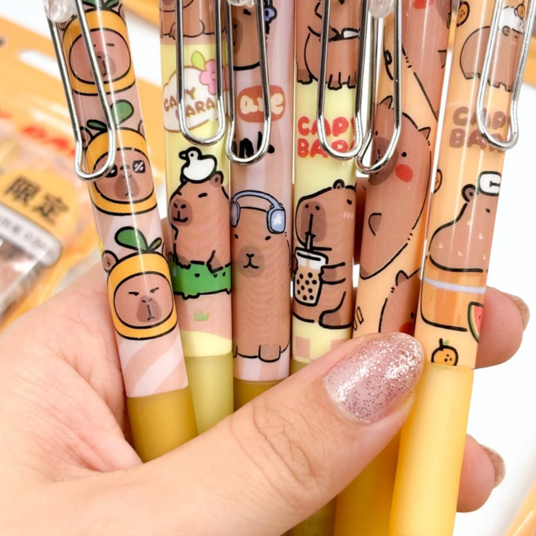 Lápices De Tinta Gel Capybara Kawaii 0.5 Mm Pack De 6