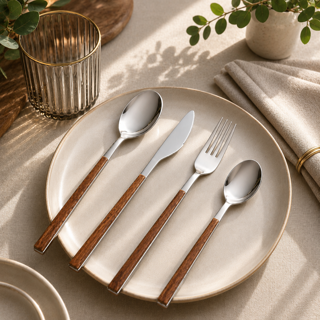 Set Cubiertos 24 Piezas Acero Inoxidable Mango Madera Servicio Para 6 Personas
