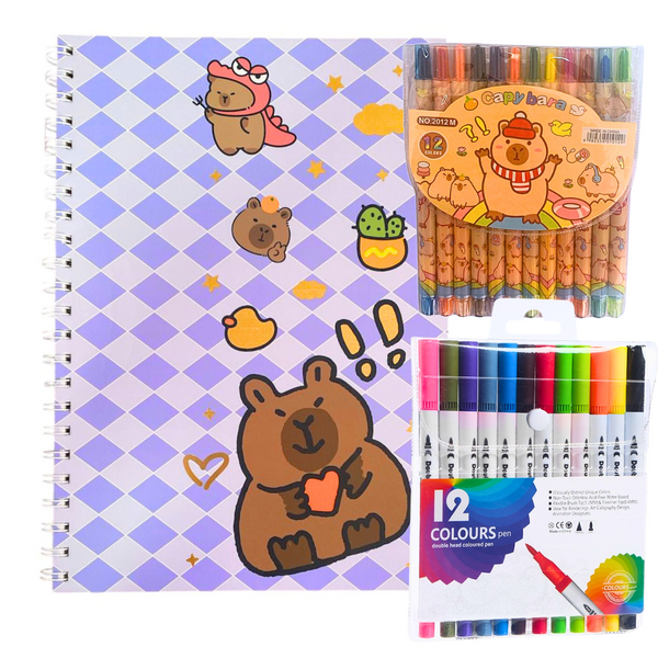Croquera A4 Diseño Capybara + Set De Plumones Y Lápices Gel