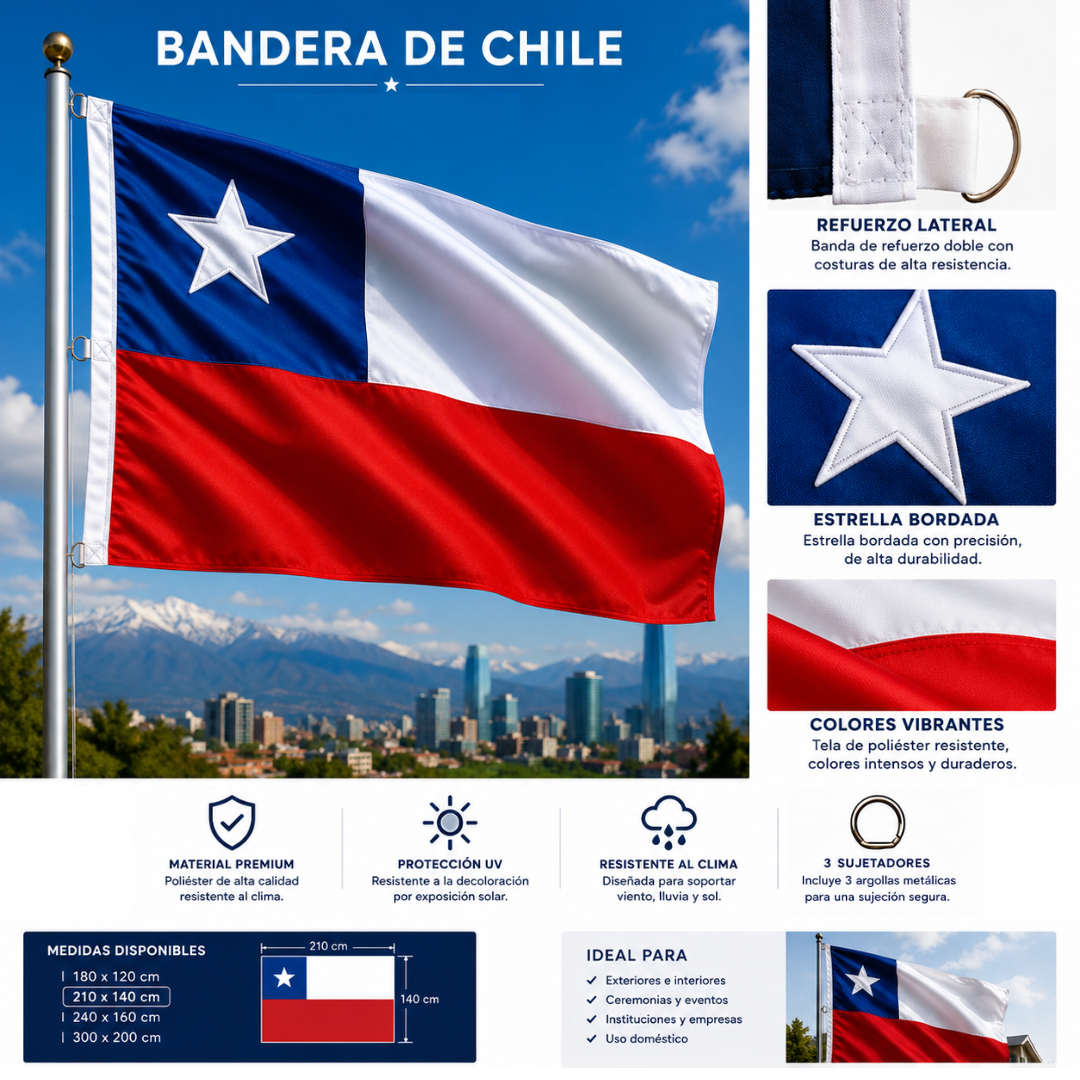 Bandera Chile 210x140 Cm Estrella Bordada Fiestas Patrias