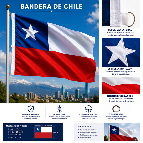 Bandera Chile 210x140 Cm Estrella Bordada Fiestas Patrias