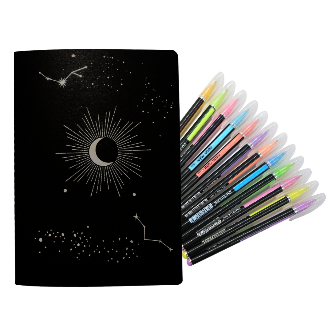 Cuaderno Hojas Negras + 12 Lápices Gel Colores Pasteles