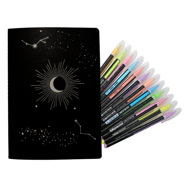 Cuaderno Hojas Negras + 12 Lápices Gel Colores Pasteles