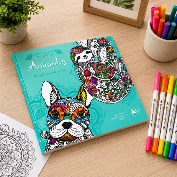 Libro Mandala Animales + 12 Plumones Doble Punta Fina/gruesa