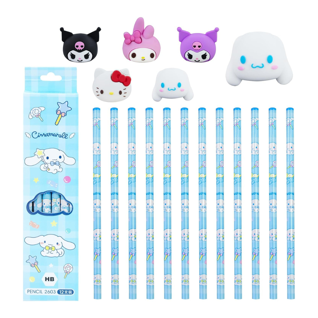 Set De 12 Lápiz Mina Kuromi My Melody Cinnamoroll + 5 Gomas