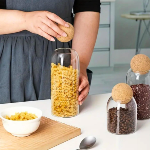 Contenedor De Vidrio Tapa De Corcho Esférica Set 3 Frascos