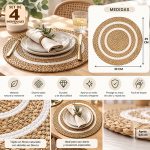 Individuales Redondos Tejidos 39 Cm Mesa Comedor Pack 4 Boho