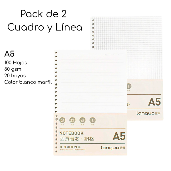 Pack De 2 Repuesto De Hojas Para Libreta Anillada A5 Mixto