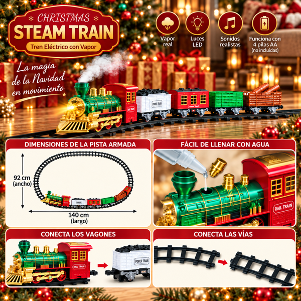 Tren Eléctrico Navideño Con Vapor Luz Sonido Y 4 Vagones