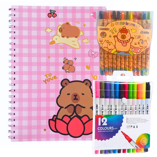 Croquera A4 Diseño Capybara + Set De Plumones Y Lápices Gel