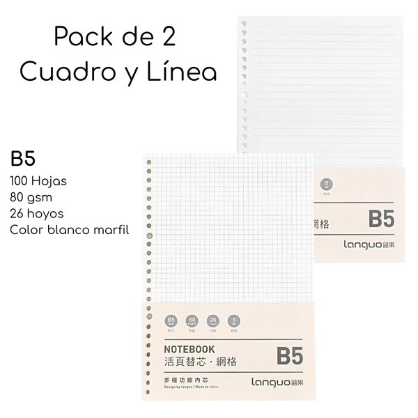 Pack De 2 Repuesto De Hojas Para Libreta Anillada B5 Mixto