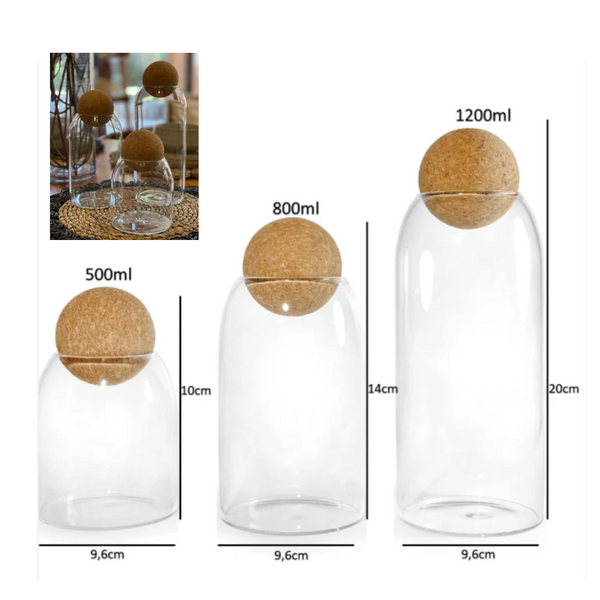 Contenedor De Vidrio Tapa De Corcho Esférica Set 3 Frascos