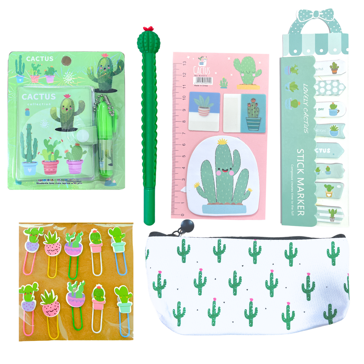 Set Estuche Y Papelería Kawaii Tierna Gato Palta Cactus