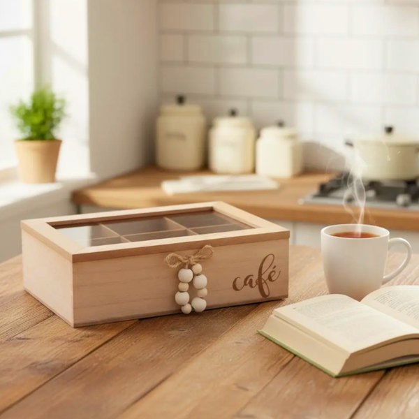 Caja Organizadora De Madera Para Té Con 6 Compartimientos