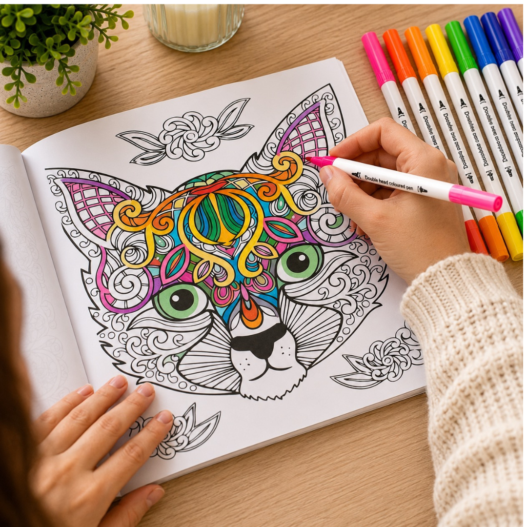 Libro Mandala Animales + 12 Plumones Doble Punta Fina/gruesa