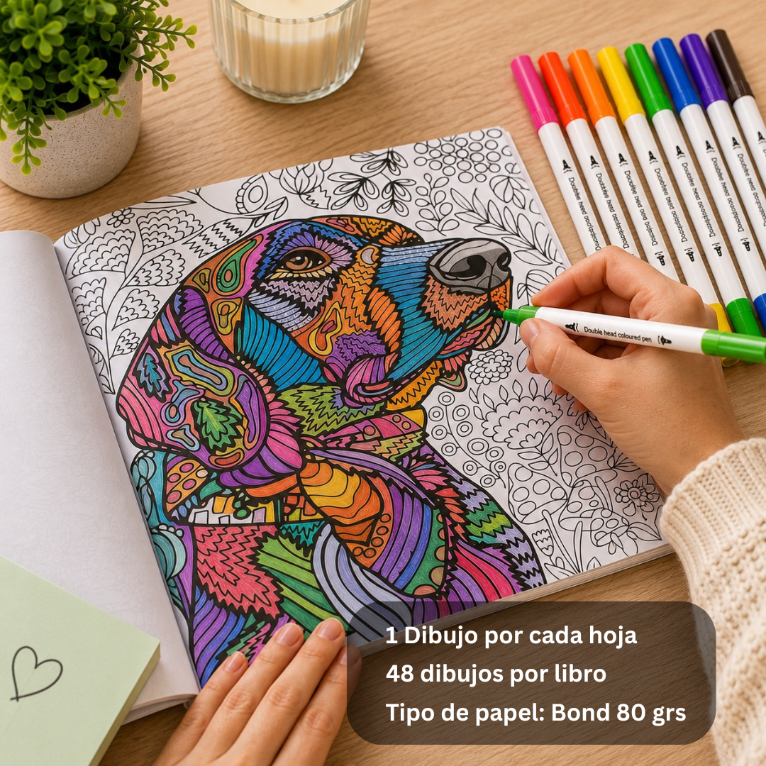 Libro Mandala Animales + 12 Plumones Doble Punta Fina/gruesa