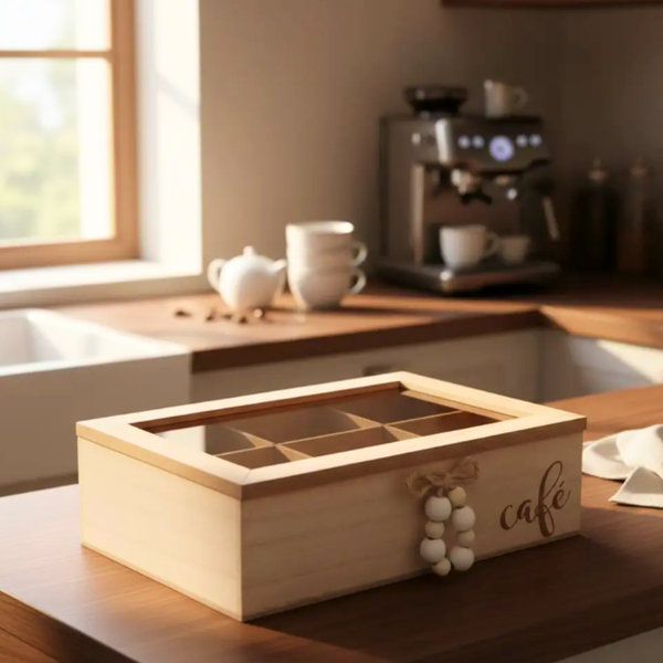 Caja Organizadora De Madera Para Té Con 6 Compartimientos