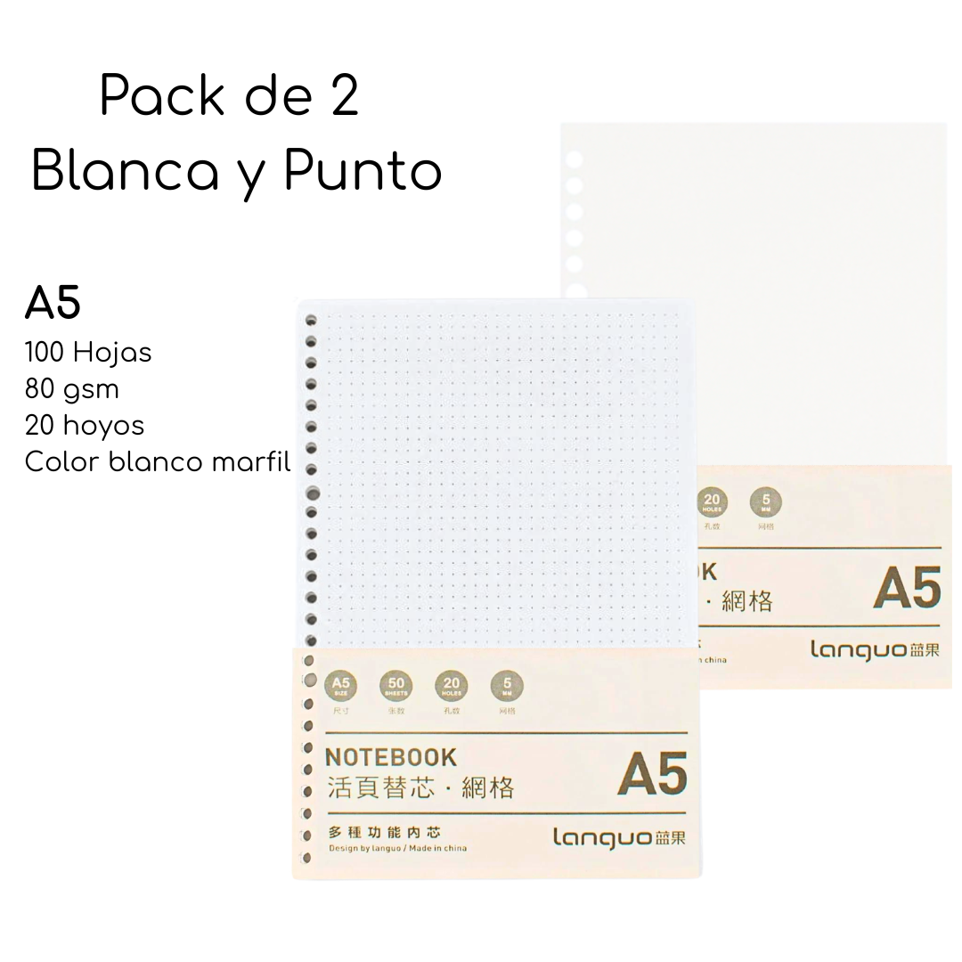 Pack De 2 Repuesto De Hojas Para Libreta Anillada A5 Mixto