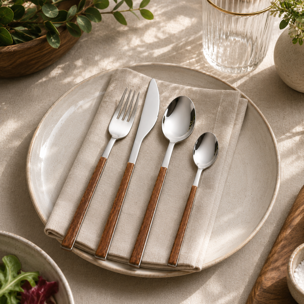 Set Cubiertos 24 Piezas Acero Inoxidable Mango Madera Servicio Para 6 Personas