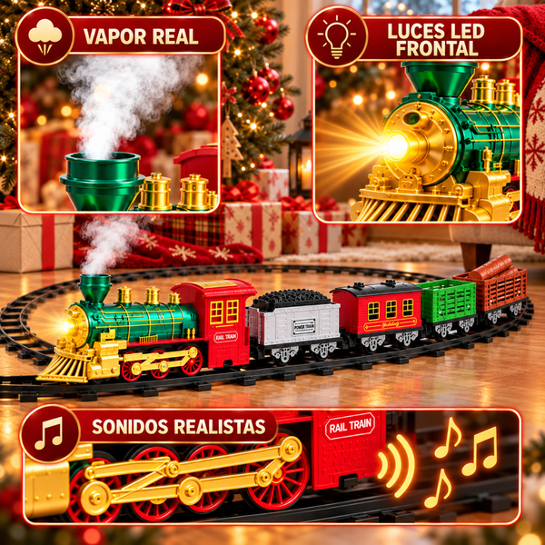 Tren Eléctrico Navideño Con Vapor Luz Sonido Y 4 Vagones