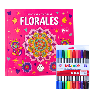 Libro Mándala Florales + 12 Plumones Doble Punta Fina/gruesa