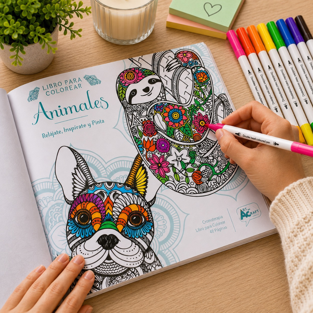 Libro Mandala Animales + 12 Plumones Doble Punta Fina/gruesa