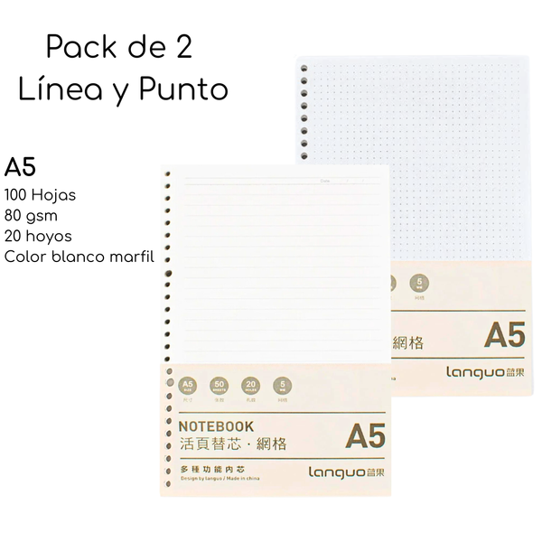 Pack De 2 Repuesto De Hojas Para Libreta Anillada A5 Mixto