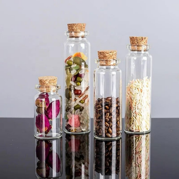 Set De 12 Mini Botella Vidrio Con Tapa Corcho 7cm x 3 cm
