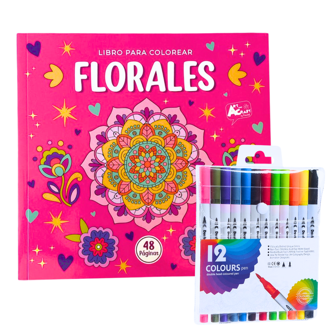 Libro Mándala Florales + 12 Plumones Doble Punta Fina/gruesa