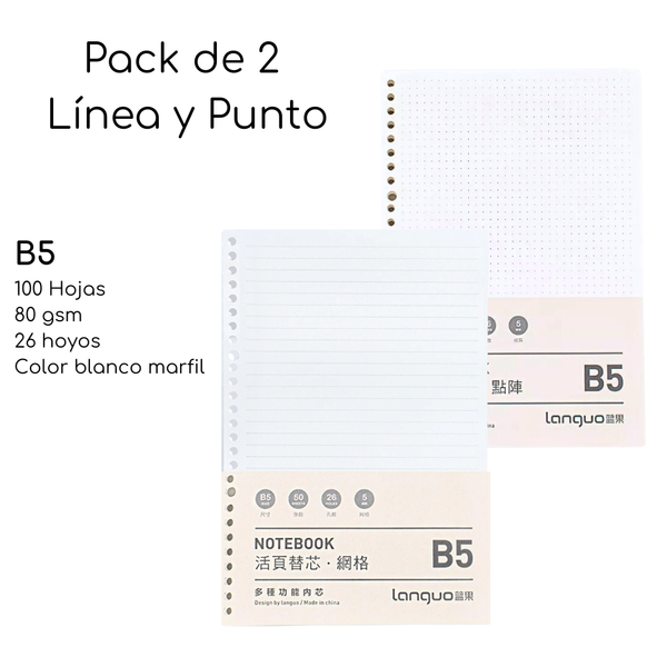 Pack De 2 Repuesto De Hojas Para Libreta Anillada B5 Mixto