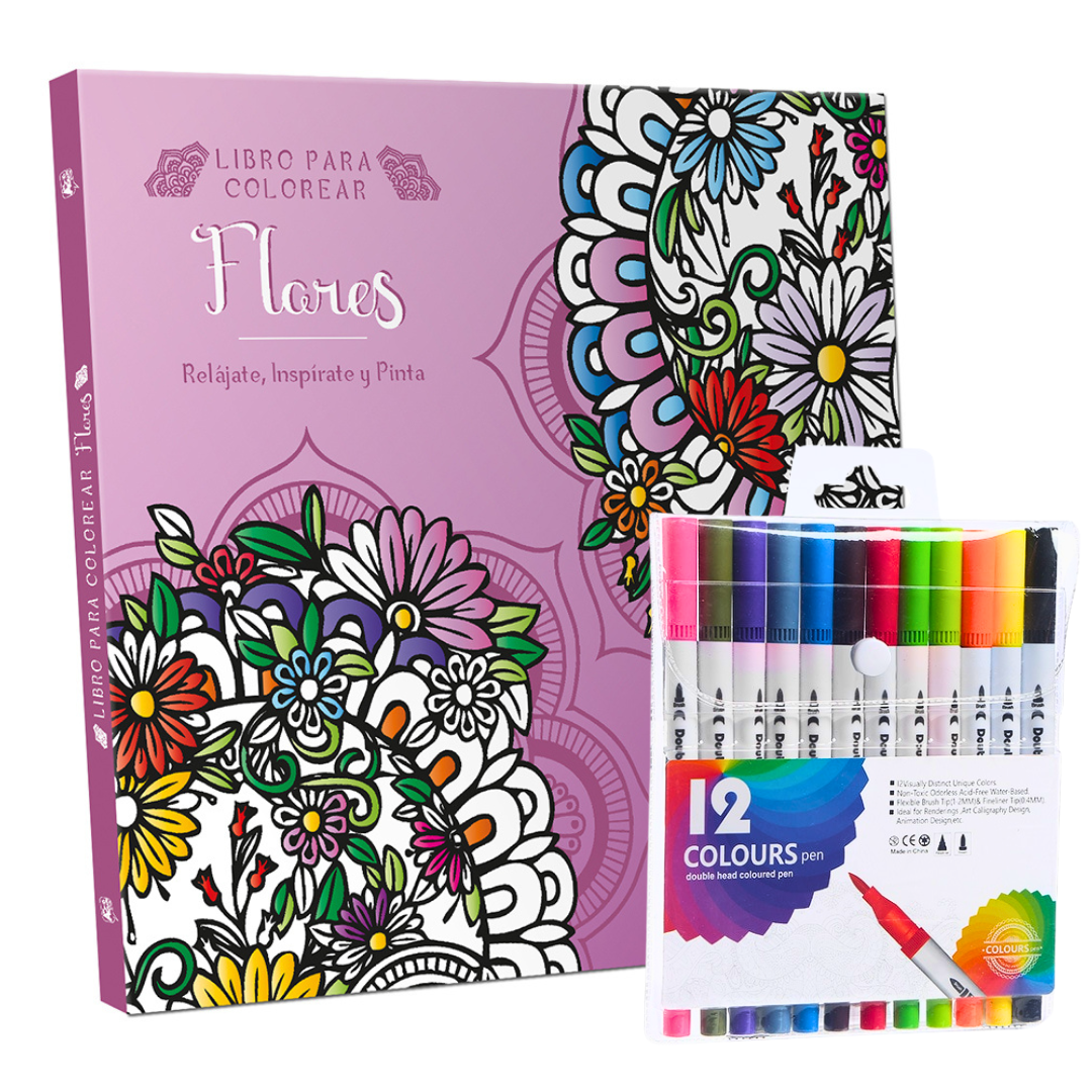 Libro Mandala Flores  + 12 Plumones Doble Punta Fina/gruesa