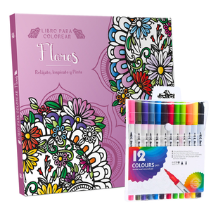 Libro Mandala Flores  + 12 Plumones Doble Punta Fina/gruesa