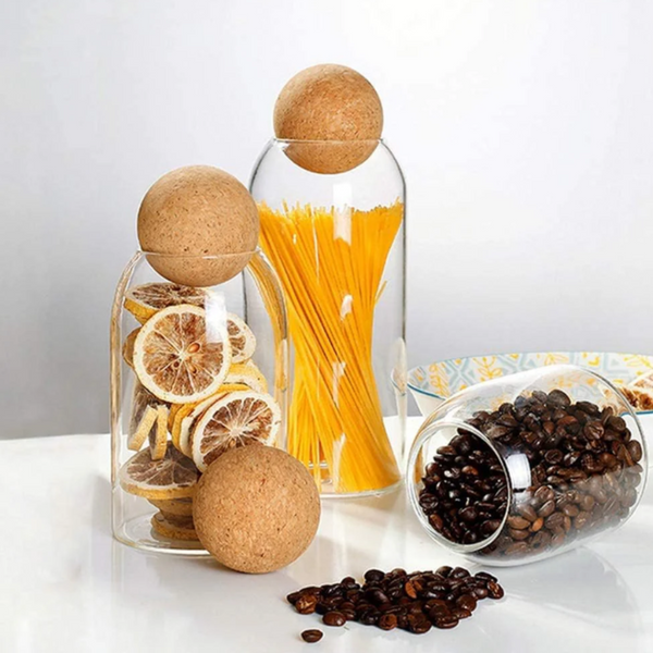 Contenedor De Vidrio Tapa De Corcho Esférica Set 3 Frascos