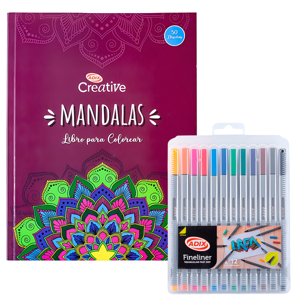 Libro De Mándalas + 12 Lápices Fineliner Adix 0.4 Mm Colores