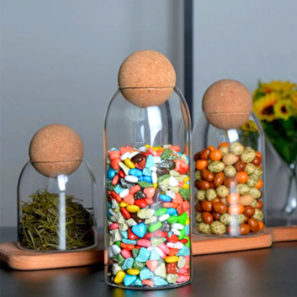 Contenedor De Vidrio Tapa De Corcho Esférica Set 3 Frascos