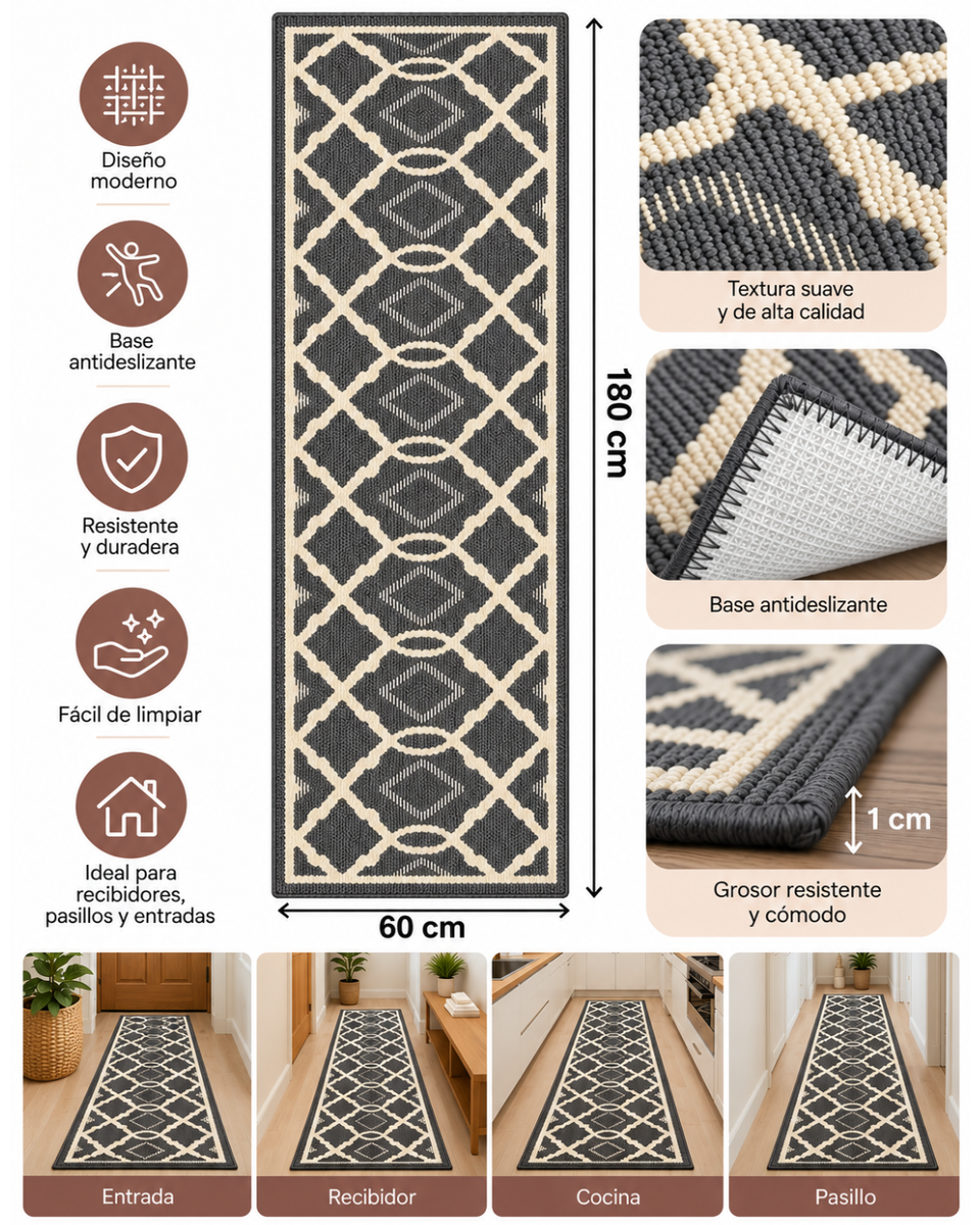 Alfombra Decorativa Antideslizante 180x60Cm Para Pasillo