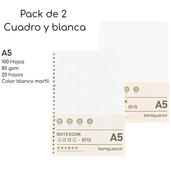 Pack De 2 Repuesto De Hojas Para Libreta Anillada A5 Mixto