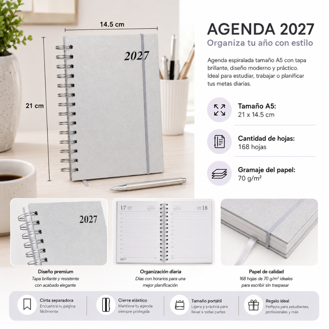Agenda 2027 A5 Anillada Tapa Dura Planner Con Elástico