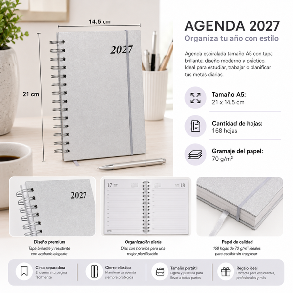Agenda 2027 A5 Anillada Tapa Dura Planner Con Elástico