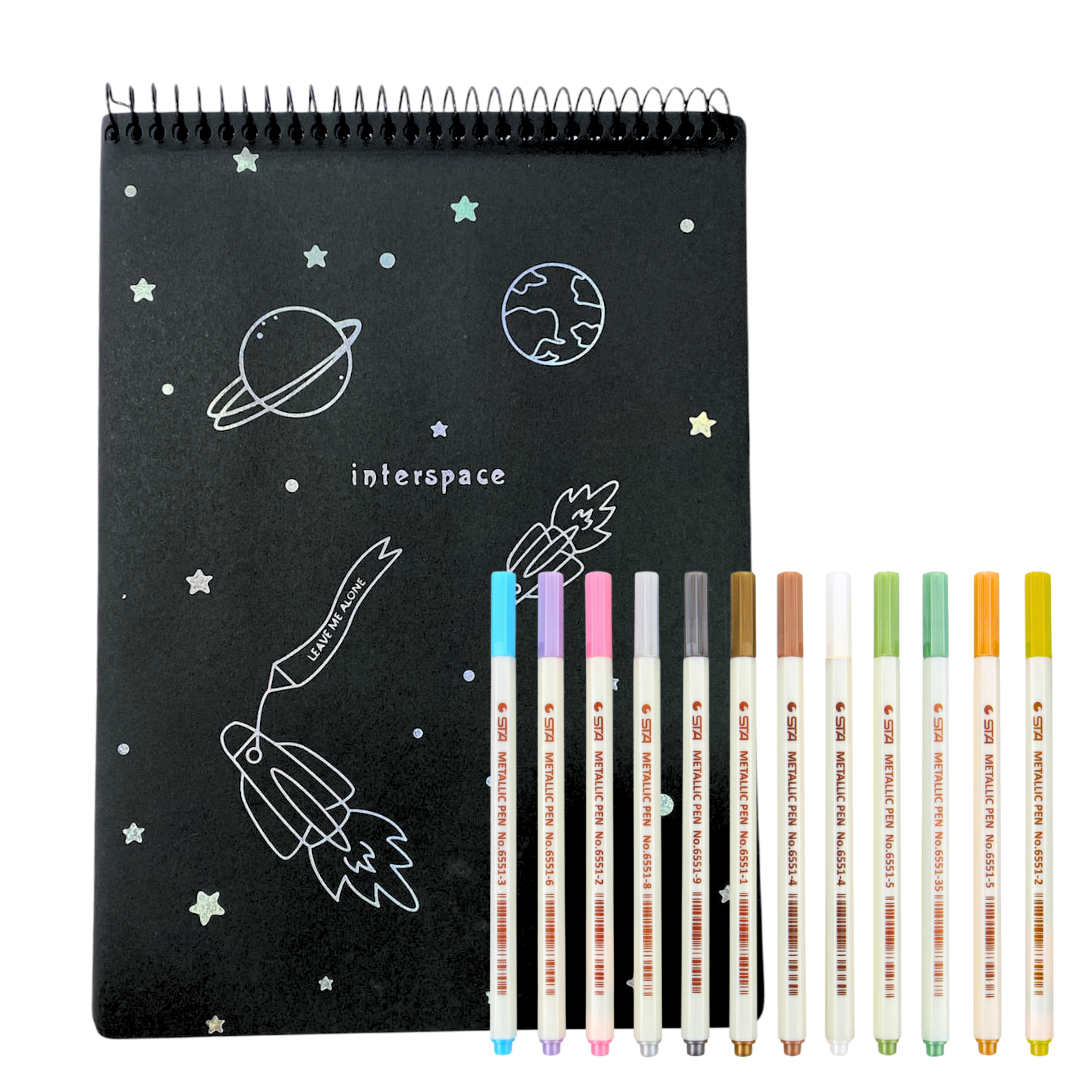 Croquera Hojas Negras + 12 Lápices Metalizados Kawaii