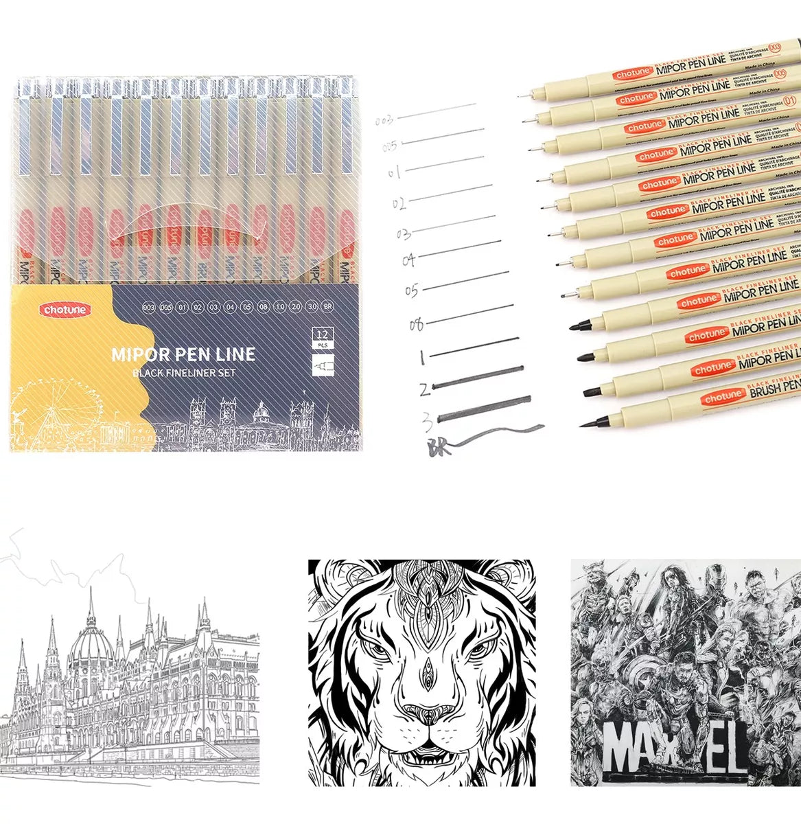 Set de 12 Lápices Tiralíneas Fineliner Negros